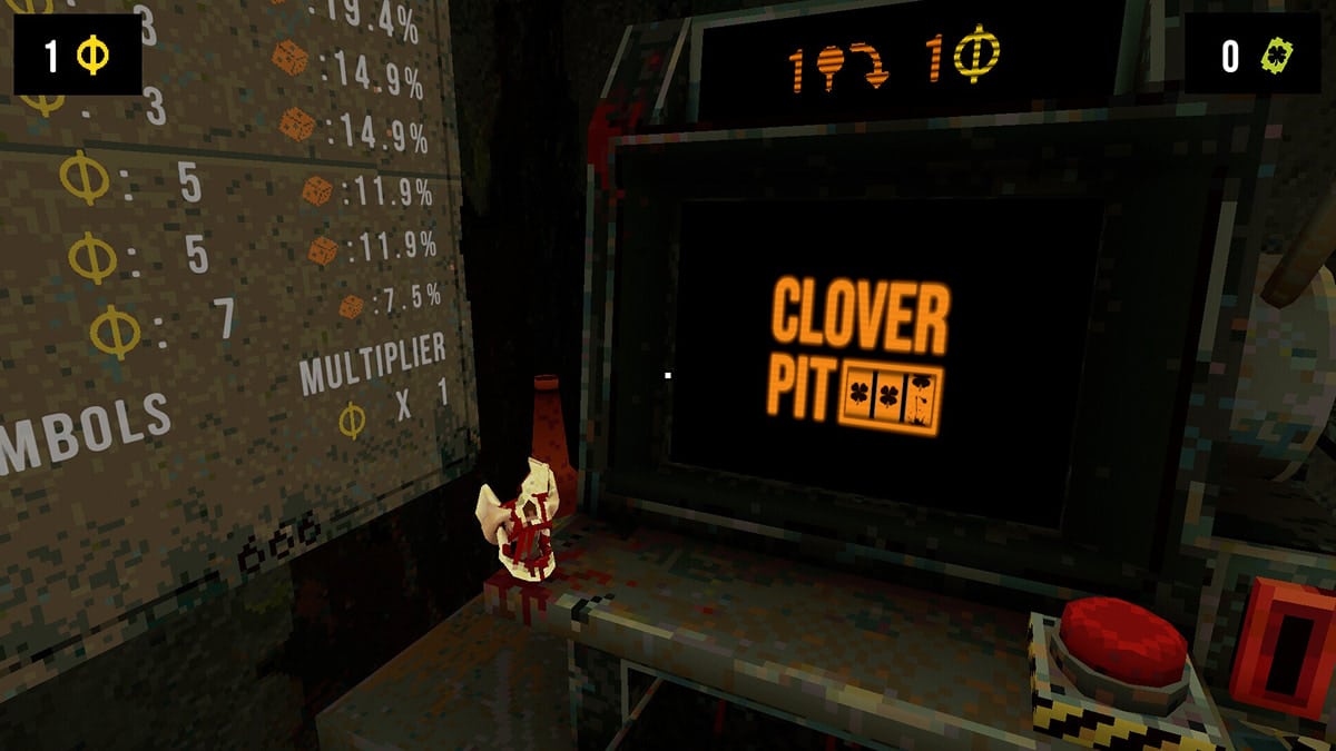 The CloverPit slot machine boots up beside the odds board inside the cramped cell
