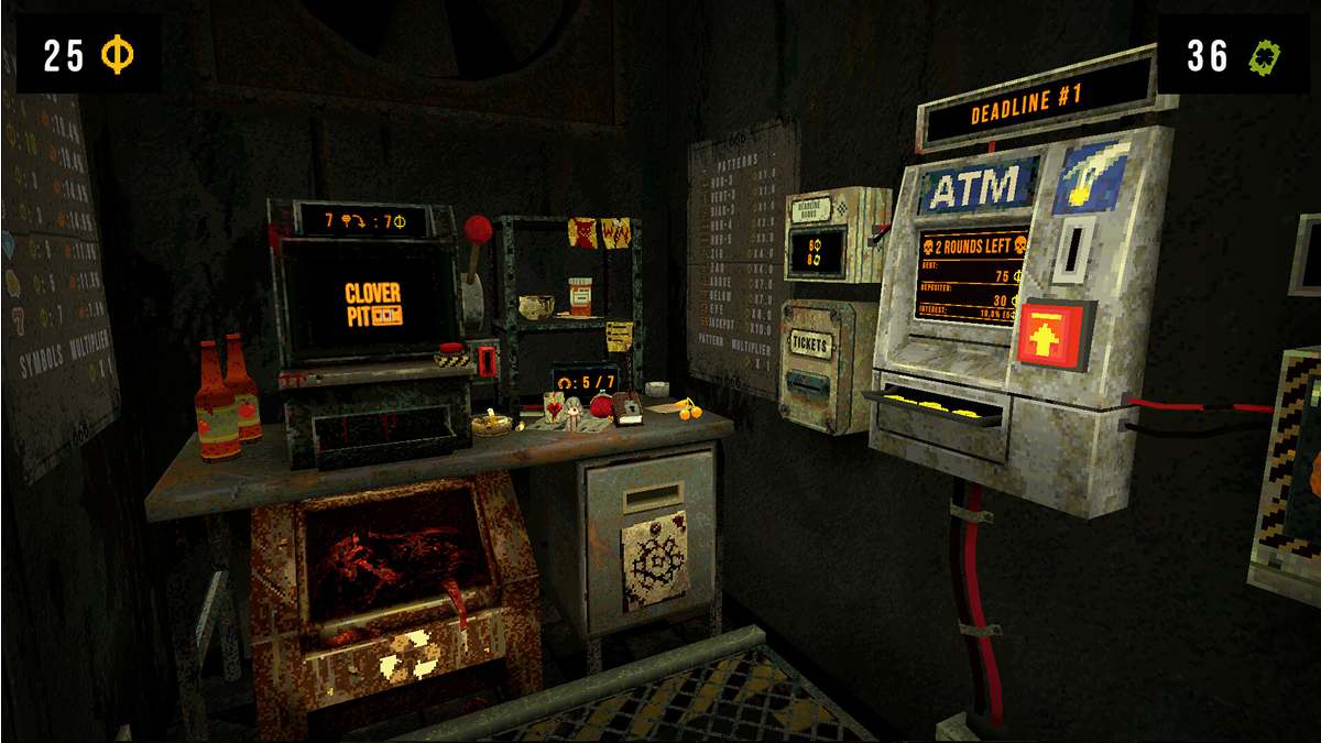 CloverPit Hell’s slot machine room showing ATM, game console, and difficulty indicators in hard mode environment.