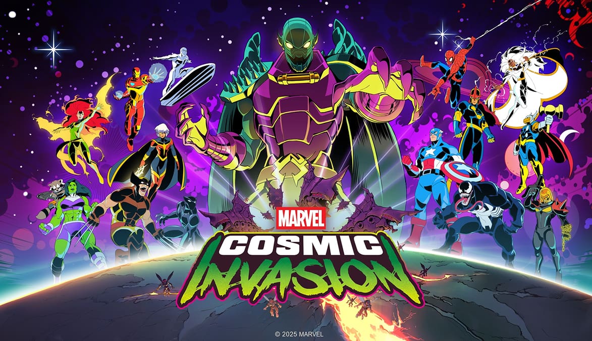 Marvel heroes assembling against a giant villain in the Marvel Cosmic Invasion key art