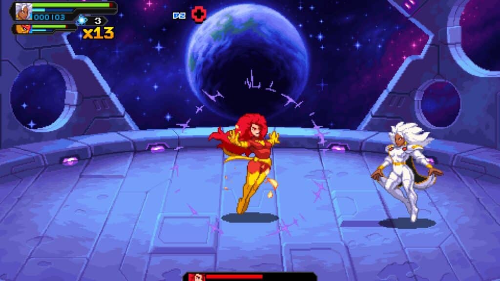 Jean Grey as Phoenix battling Storm in Marvel Cosmic Invasion boss fight on the Blue Area of the Moon.