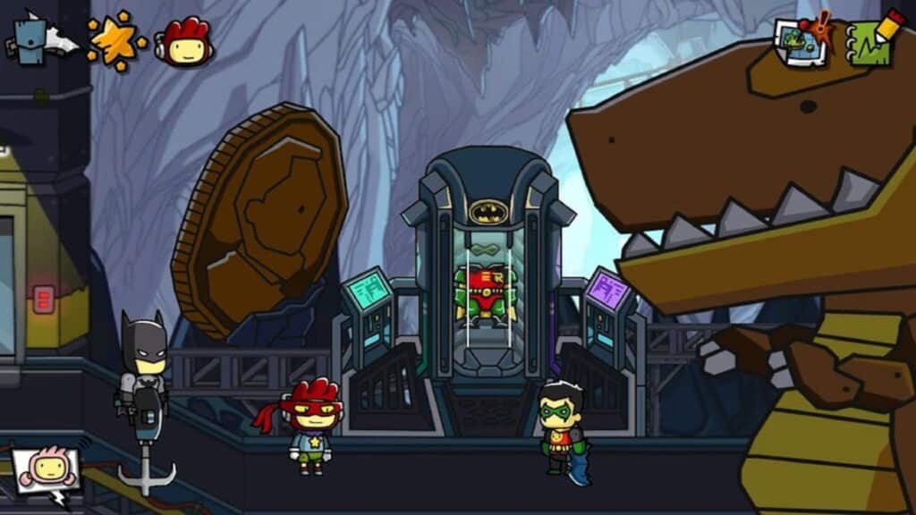 DC superheroes gather around a villain containment chamber in Scribblenauts Unmasked: A DC Comics Adventure