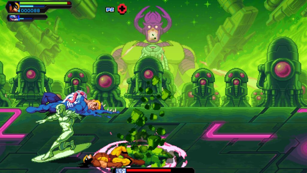 Silver Surfer using cosmic attacks during the Fort Galactus mission in Marvel Cosmic Invasion.