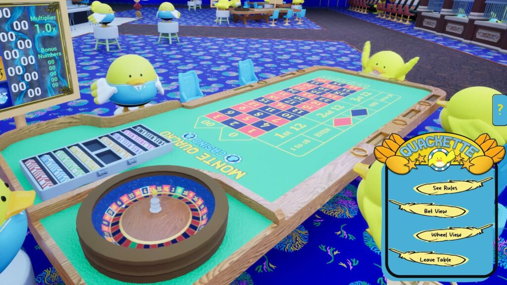 A screenshot from the game Always Bet on Quack showing duck characters at a roulette table in the "Monte Quacko Casino" with a menu for the "Quackette" game mode displayed