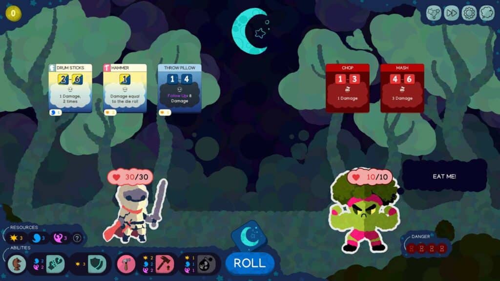 Turn-based combat in Slumber Realm showing a knight character fighting a broccoli-like enemy using dice-activated equipment cards.