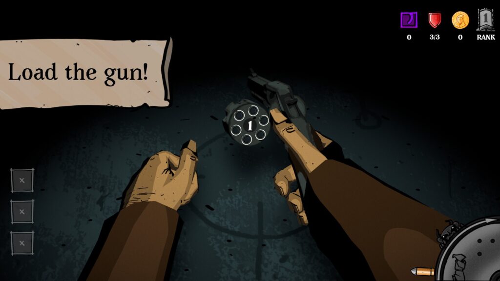 Loading the revolver chamber in Blessed be the Chamber before pulling the trigger in a roguelike run