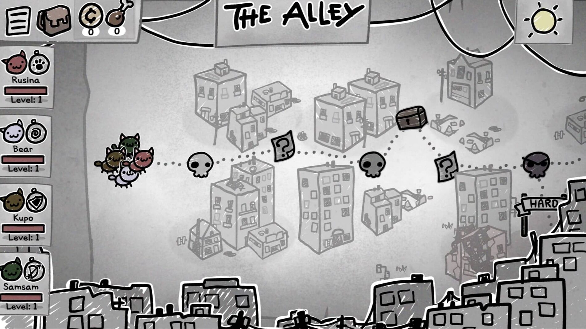 Mewgenics Act 1 map screen labeled The Alley with connected nodes and cat party icons