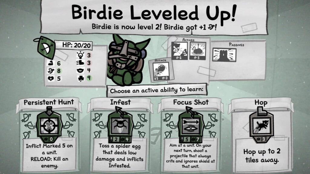 Mewgenics level up screen showing a cat gaining a level and choosing a new ability