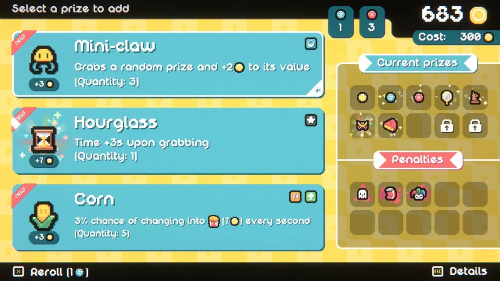 Prize selection screen with Mini claw, Hourglass, and Corn items in Cupiclaw