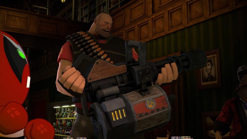 The Heavy holding a minigun at the poker table in Poker Night at the Inventory