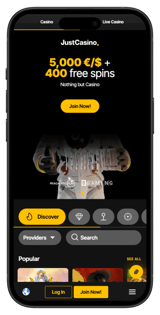 Just Casino homepage with welcome offer on mobile view