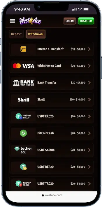 westace withdrawal methods
