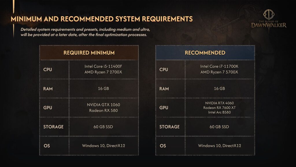 the blood of dawnwalker system requirements